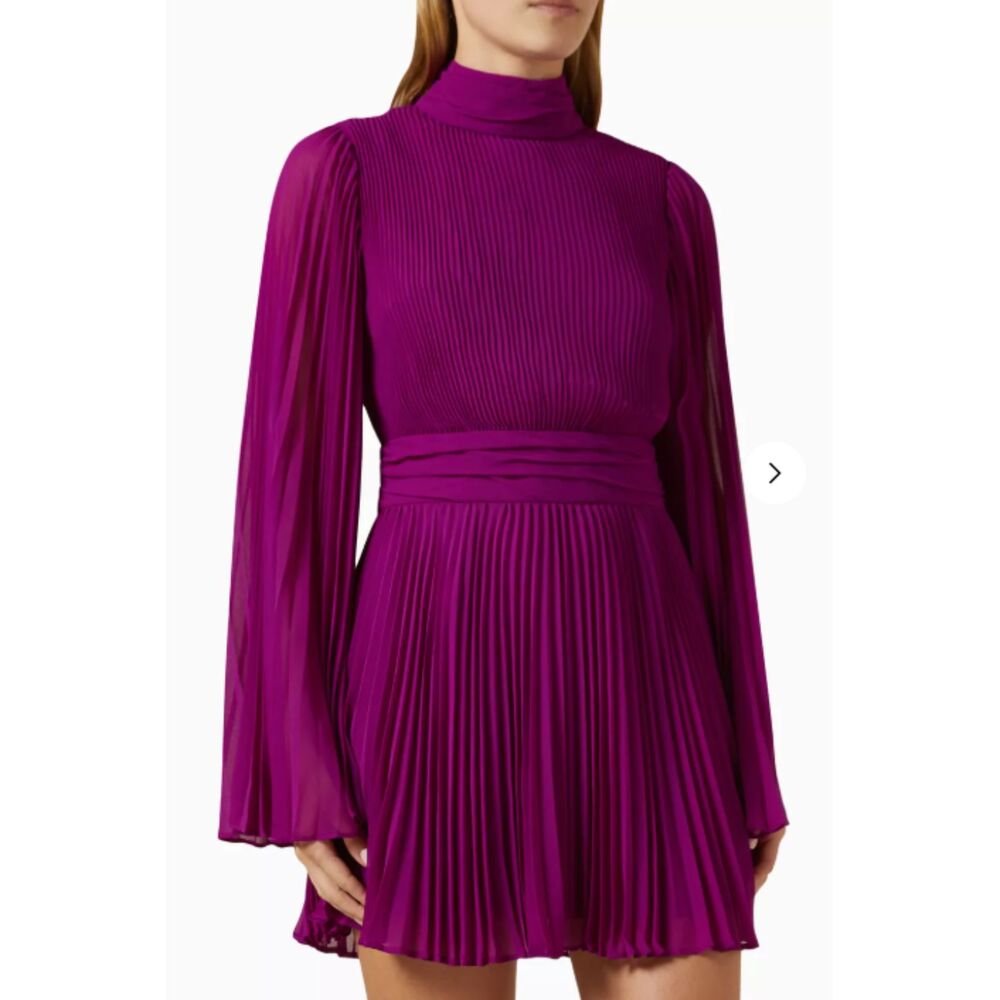 Milly Rosemary Pleated Chiffon Dress Fuchsia Milly Size 6 Long Sleeve Mock Neck